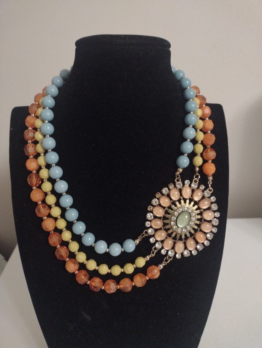 Vintage Charming Charlie 3 Strand Faux Stone Rhinestone Medallion Necklace